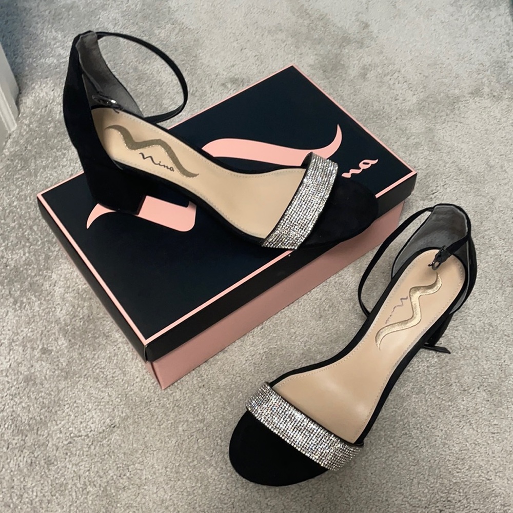 Black heels with studded toe strap